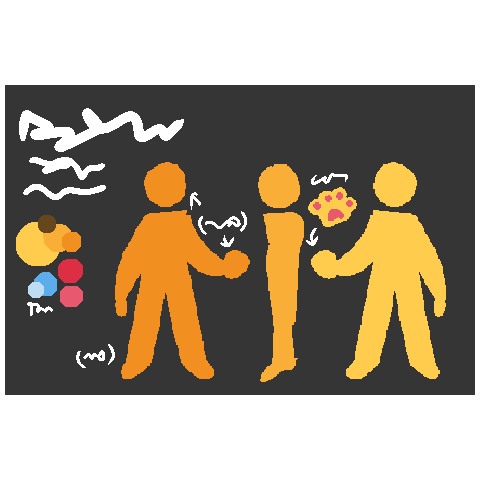 a rectangular refsheet with a dark gray background, a turn-around of a yellow figure from three different angles and different degrees of shading, a color palette, a paw, and a bunch of  white squiggles around it to represent text